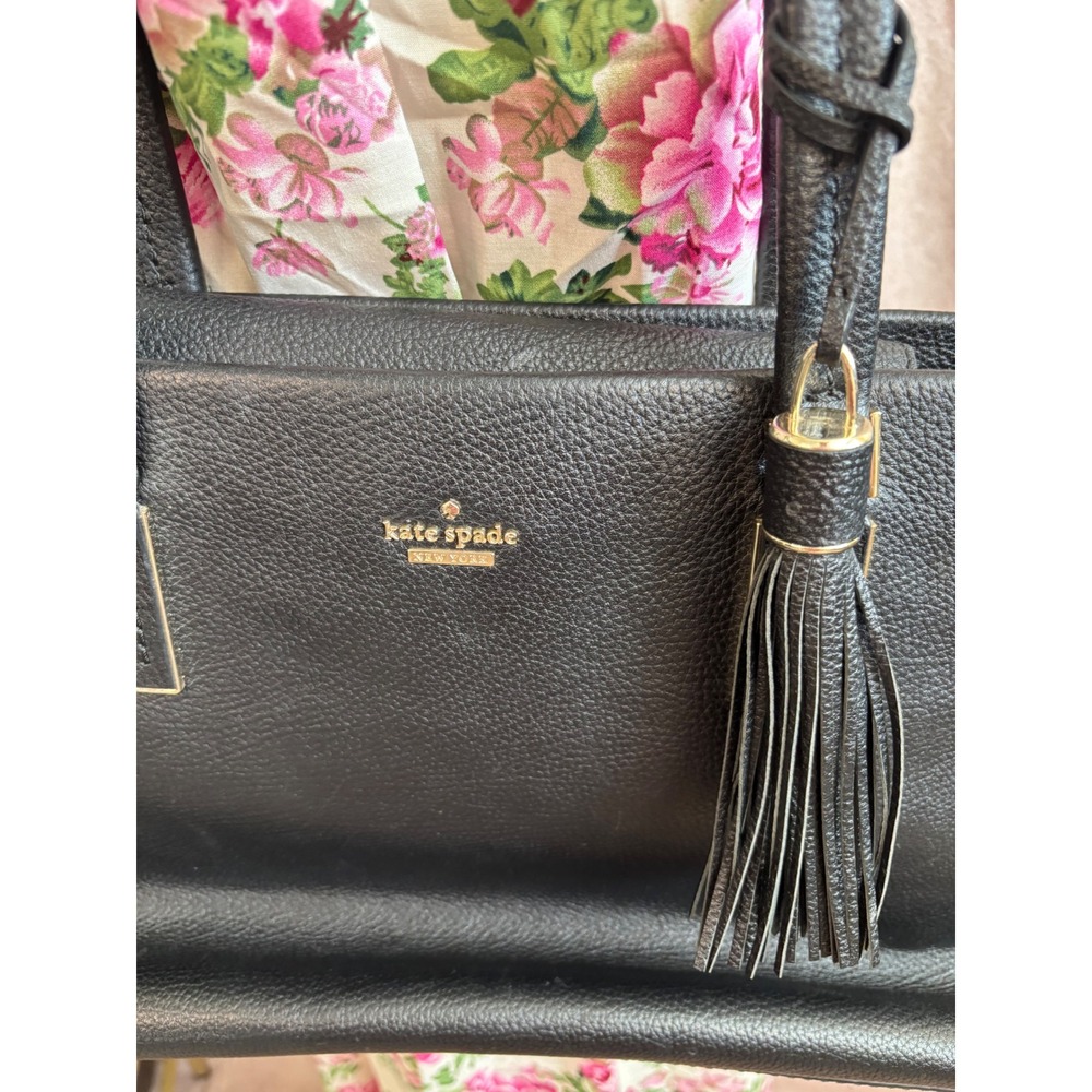 Kate Spade Black Pebbled Leather‎ Tassel Tote Bag Triple Compartment Satchel - Picture 2 of 7
